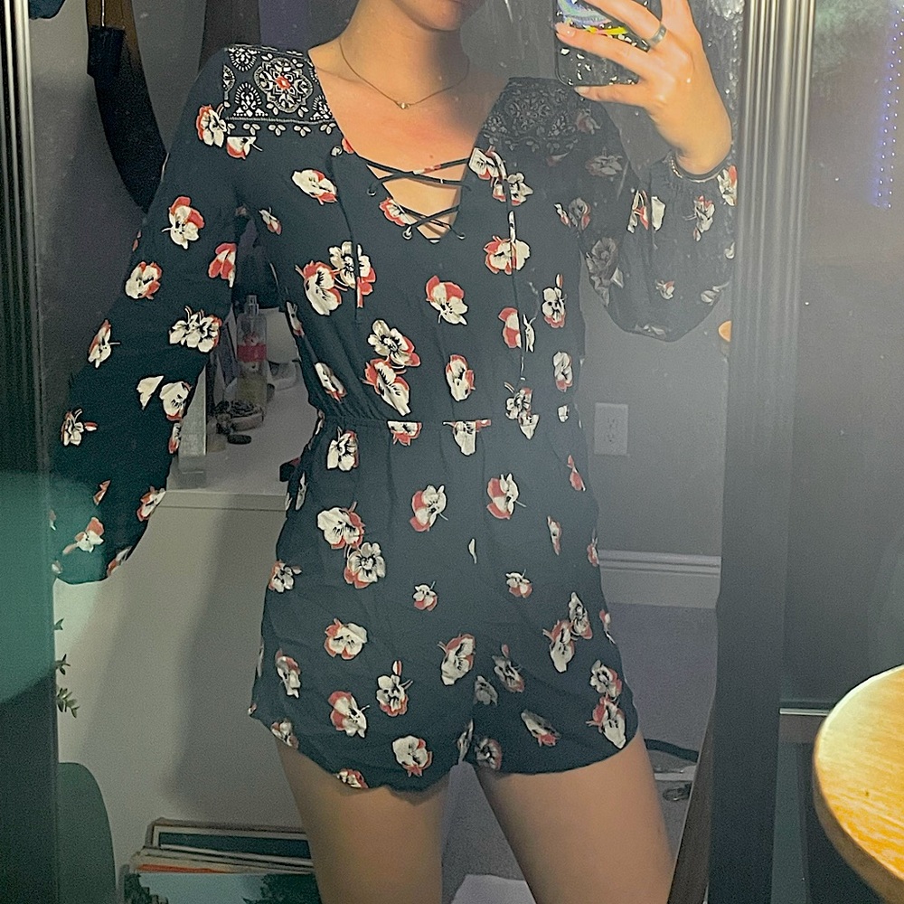 navy blue Abercrombie and Fitch floral long sleeve romper